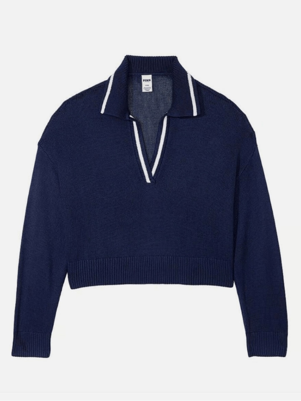 PINK Victoria's Secret Cambridge Knit Polo Crop Sweater Navy Blue White